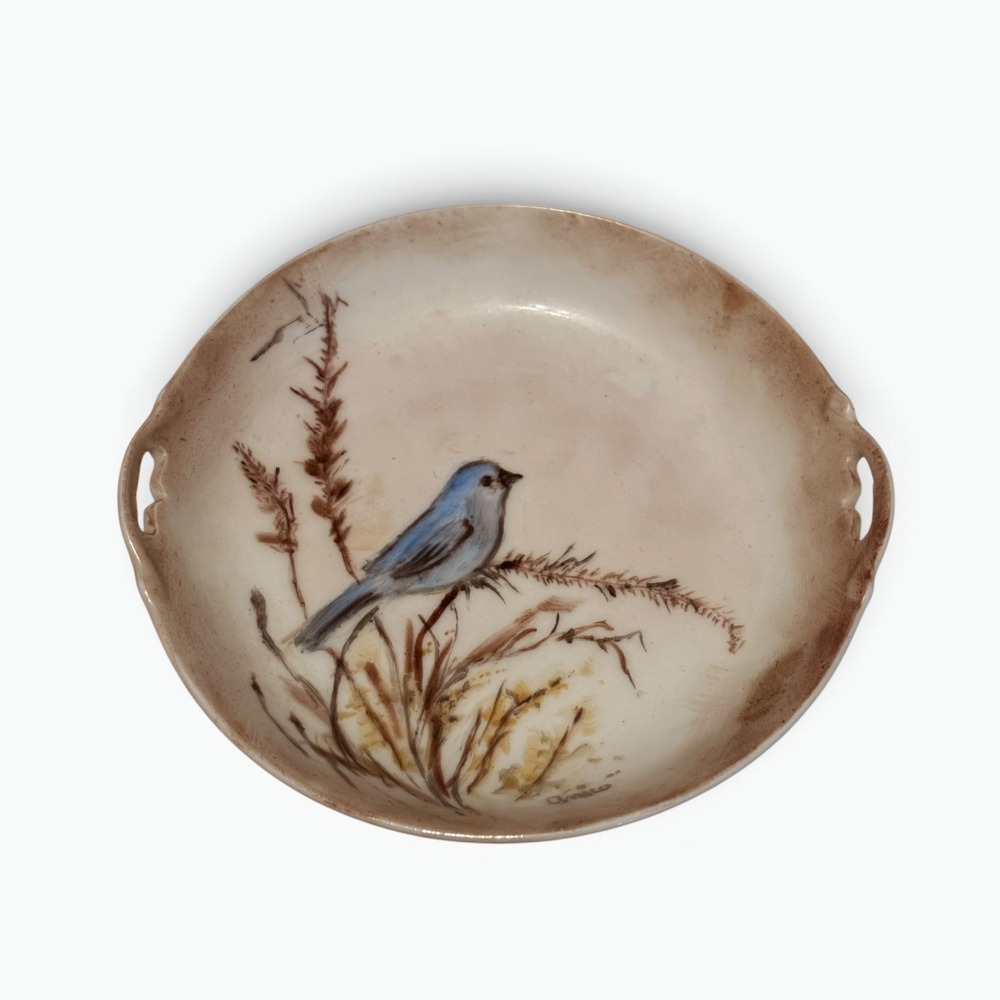 Vintage Hand Painted Bluebird Porcelain Trinket Dish Signed Cottagecore 5"